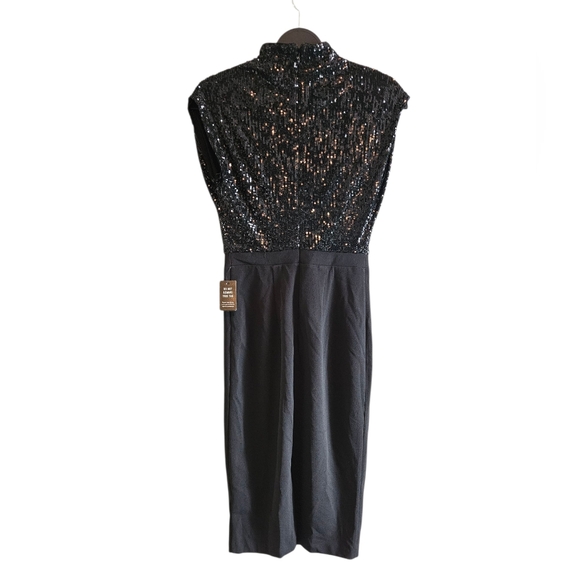 NWT Express Black Sequin Draped Mock Neck Midi Sheath Dress - Picture 3 of 10